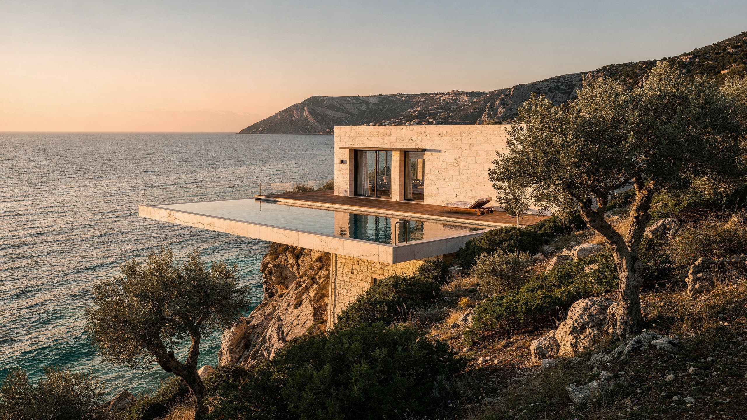Coastal longevity retreat at golden hour
